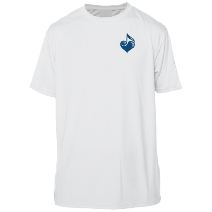 A white t-shirt with a blue logo on it, suitable for sun protection.