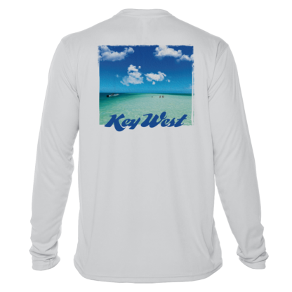 A white long-sleeve t-shirt with the word Key West on it, perfect for protecting against harmful UV rays.