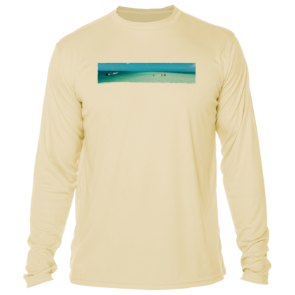 A men's long-sleeve swim shirt with an image of a beach.