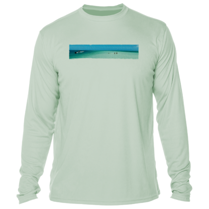 A green long-sleeve UV shirt with an image of the ocean.