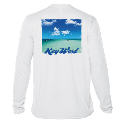 A white long-sleeve t-shirt with the word Key West on it, perfect as a sun shirt for UV protection.