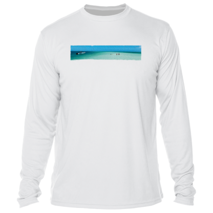 A white long-sleeve rash guard with an image of a beach.