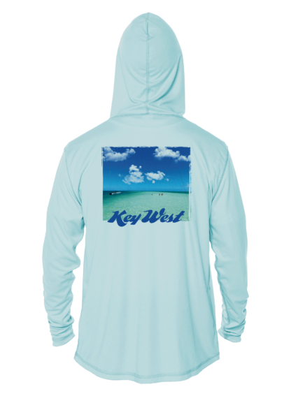 A blue hoodie with the words "Key West" on it, also serving as a rash guard or UV shirt for your UPF clothing needs.