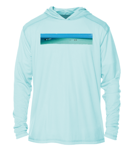 A blue rash guard hoodie with an image of the ocean, providing sun protection with its UPF fabric.
