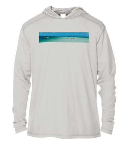A white hoodie with an image of the ocean.