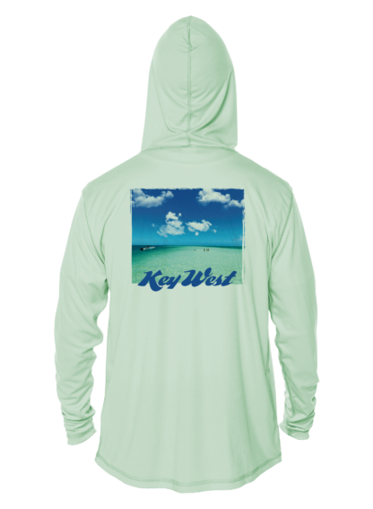 A green hoodie with the words Key West on it, serving as both a sun shirt and rash guard.