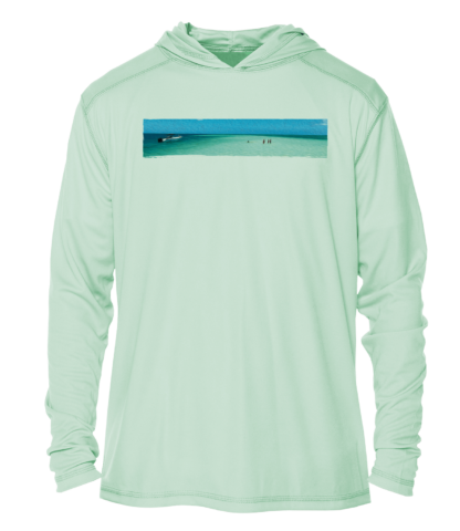 A men's green hoodie with an image of the ocean. This hoodie can also double as a UV shirt or swim shirt with its UPF clothing features.