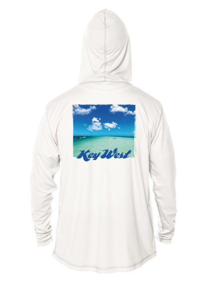 A white hoodie with the word key west on it, perfect as sun protective clothing.