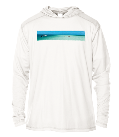 A white hoodie with an image of the ocean, perfect for those seeking UPF clothing.