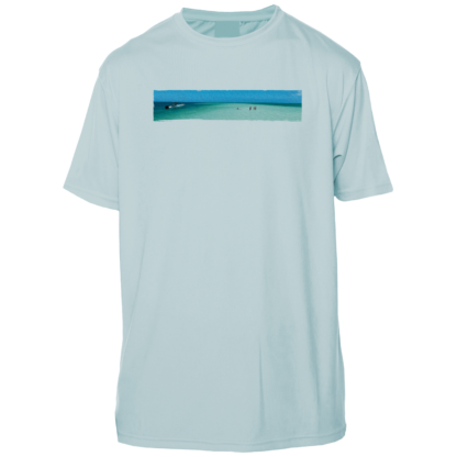 A light blue t-shirt with an image of the beach, perfect for sun protective clothing or a sun shirt.