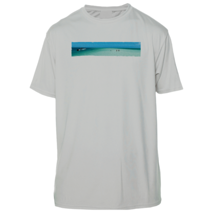 A gray UV shirt with an image of the beach and ocean.