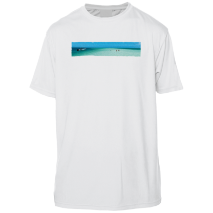 A white swim shirt with an image of the beach and ocean, providing sun protection as a UV shirt.