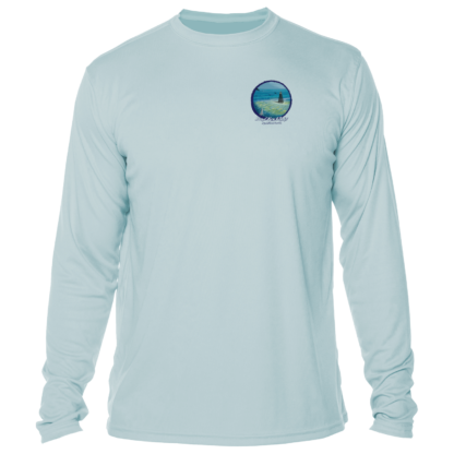 A men's light blue long sleeve swim shirt with an image of the ocean.