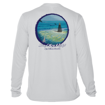 A UV shirt with an image of the ocean and a lighthouse.