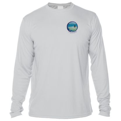 The men's long sleeve rash guard has a picture of the ocean on it.