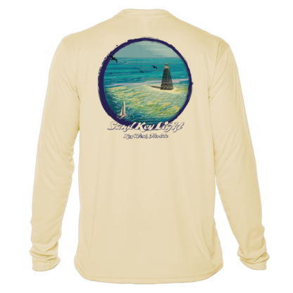 A men's long sleeve sun shirt with an image of a lighthouse.