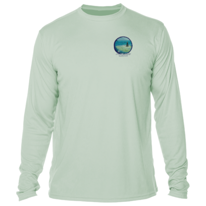 A men's green long sleeve t - shirt with an image of the ocean, perfect as a uv shirt.