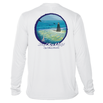 A white long-sleeve UPF sun shirt with an image of the ocean and a lighthouse.