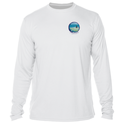 A white sun protective long-sleeve t-shirt with an image of the ocean.