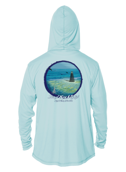 A light blue UPF swim shirt with an image of the ocean.