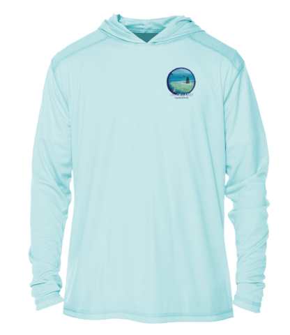 A men's blue sun protective hoodie with an image of the ocean.