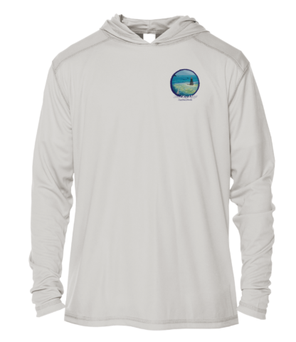 A men's hoodie with an image of the ocean on it, perfect as a sun shirt or uv shirt for protection against harmful rays.