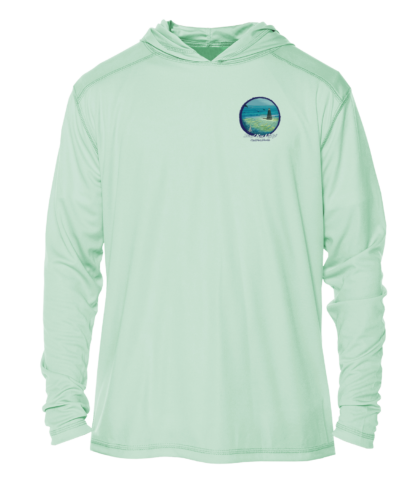 A men's green hoodie with an image of the ocean, offering sun protection.