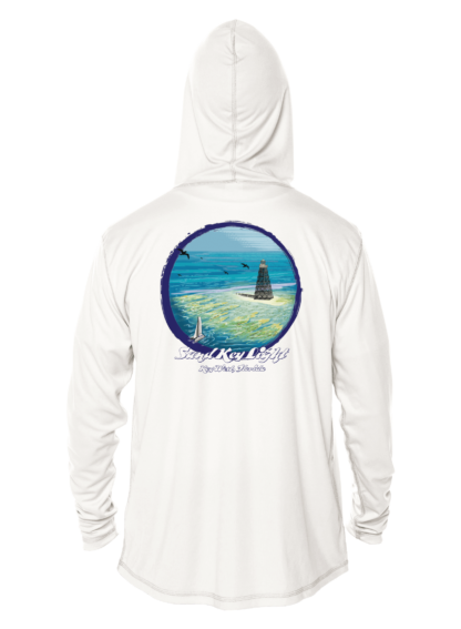 A white rash guard with an image of the ocean and a boat.