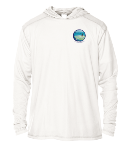 A white hoodie with an ocean image on it, perfect as a sun shirt or UV shirt for UPF clothing.