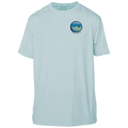 A light blue rash guard with an image of the ocean.