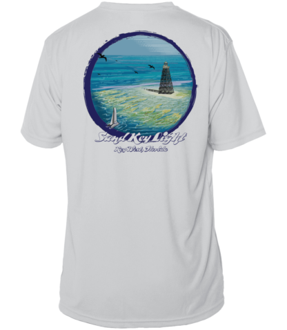 A sun shirt with an image of a lighthouse and seagulls.
