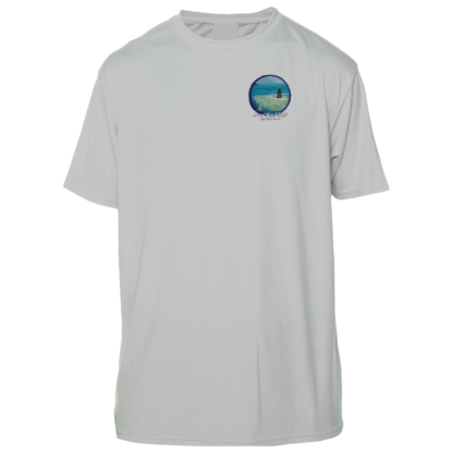 A white UV shirt with an image of a beach and ocean.