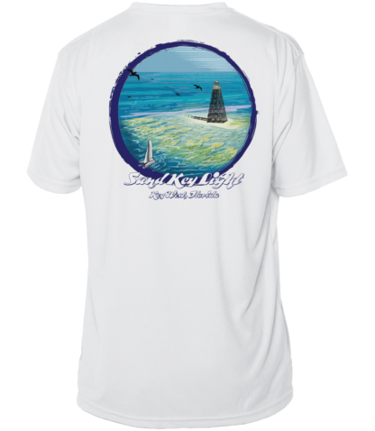 A white UPF shirt with an image of the ocean and a lighthouse.