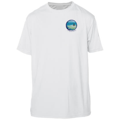 A white sun shirt with an image of a beach and ocean, providing sun protection with UPF clothing.