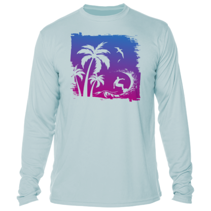 A sun protective long-sleeve t-shirt with a palm tree on it.