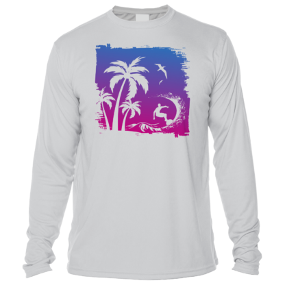 A long sleeve UV shirt with a palm tree and waves.