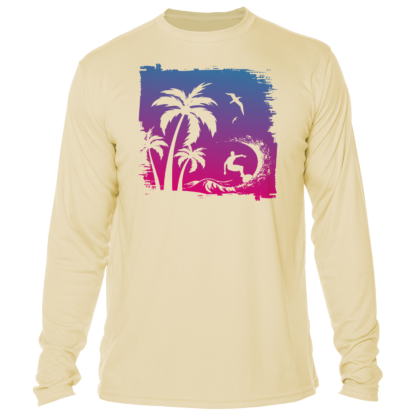 A men's long-sleeve sun shirt with a palm tree.