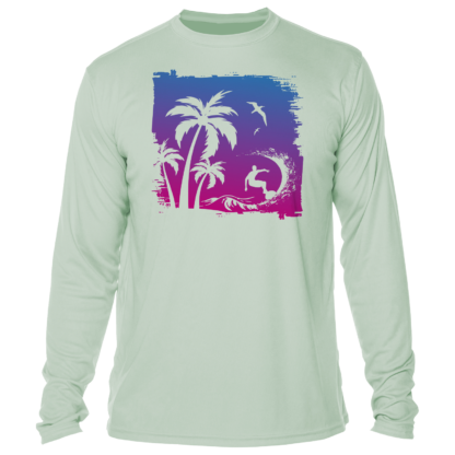 A men's long sleeve t-shirt with a palm tree and waves, perfect as sun protective clothing.