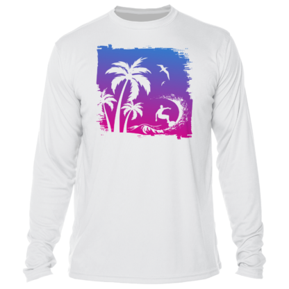 A white long-sleeve t-shirt with a palm tree on it. Ideal as a sun shirt or UPF clothing option.