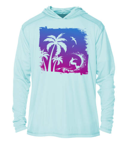An ultraviolet (UV) shirt with an image of a surfer and palm trees.