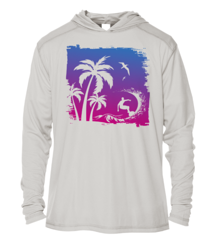 A sun shirt with a surfer and palm trees on it.