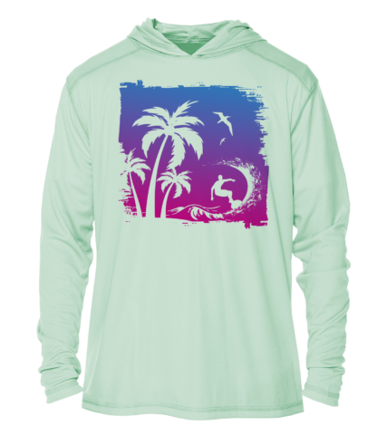 A men's hoodie with palm trees and a surfer on it, perfect as sun shirt for UPF clothing enthusiasts.