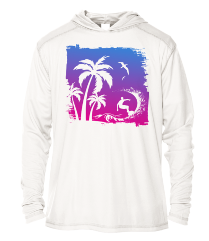 A white hoodie with an image of a surfboard and palm trees, perfect for those looking for a uv shirt or sun shirt.