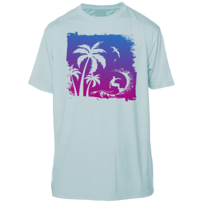 A blue uv shirt with a palm tree on it.