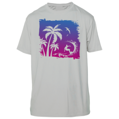 A white rash guard with a palm tree and waves on it.