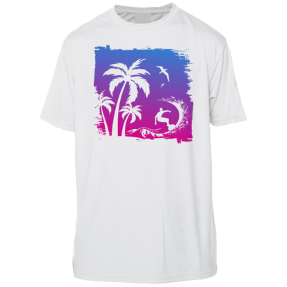 A white rash guard with an image of palm trees.