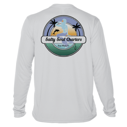 A white Salty Soul Charters UPF 50+ long-sleeve UV shirt that says Jolly Golf Charters.