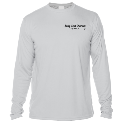 A gray long-sleeve rash guard with the words, Salty Soul Charters UPF 50+.