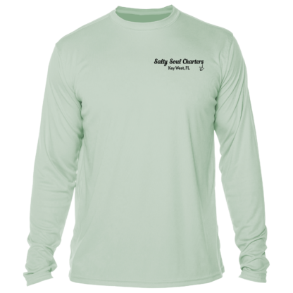 A green long-sleeve swim shirt with the words Salty Soul Charters UPF 50+ on it.