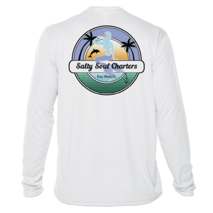 A white long-sleeve Salty Soul Charters UPF 50+ shirt that says Jolly Golf Charters.